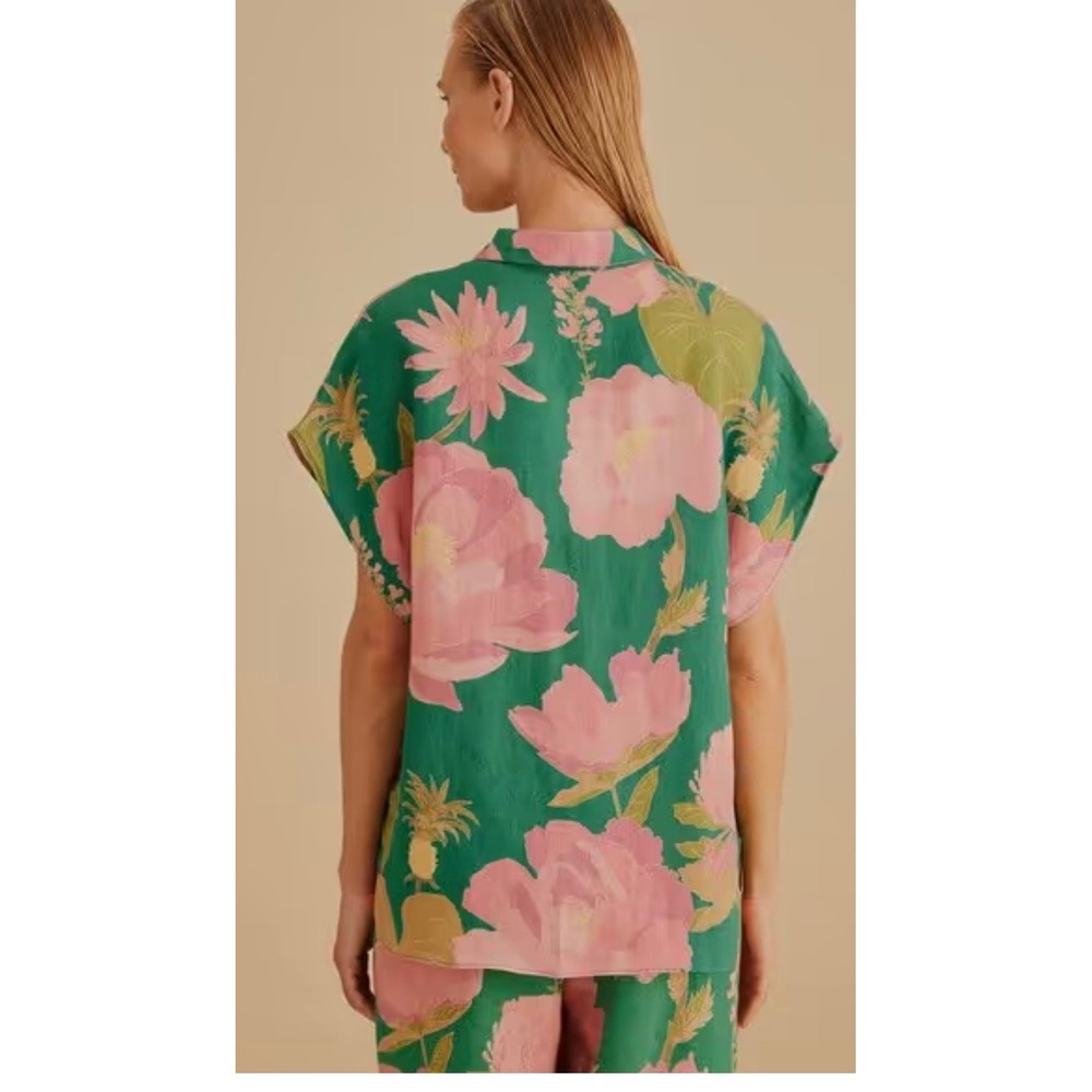 Farm Rio Green Wild Peonies Linen Pants Floral Pineapple Tassel Size L and top - Picture 15 of 16